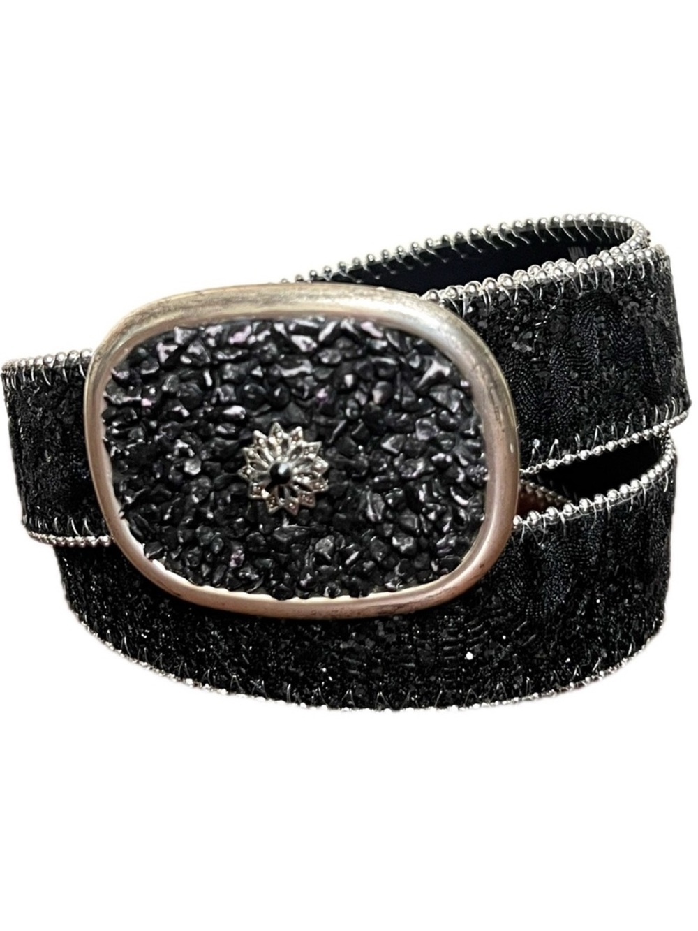 Statement belt black & silver glitter leather embellished buckle EUC OOAK
